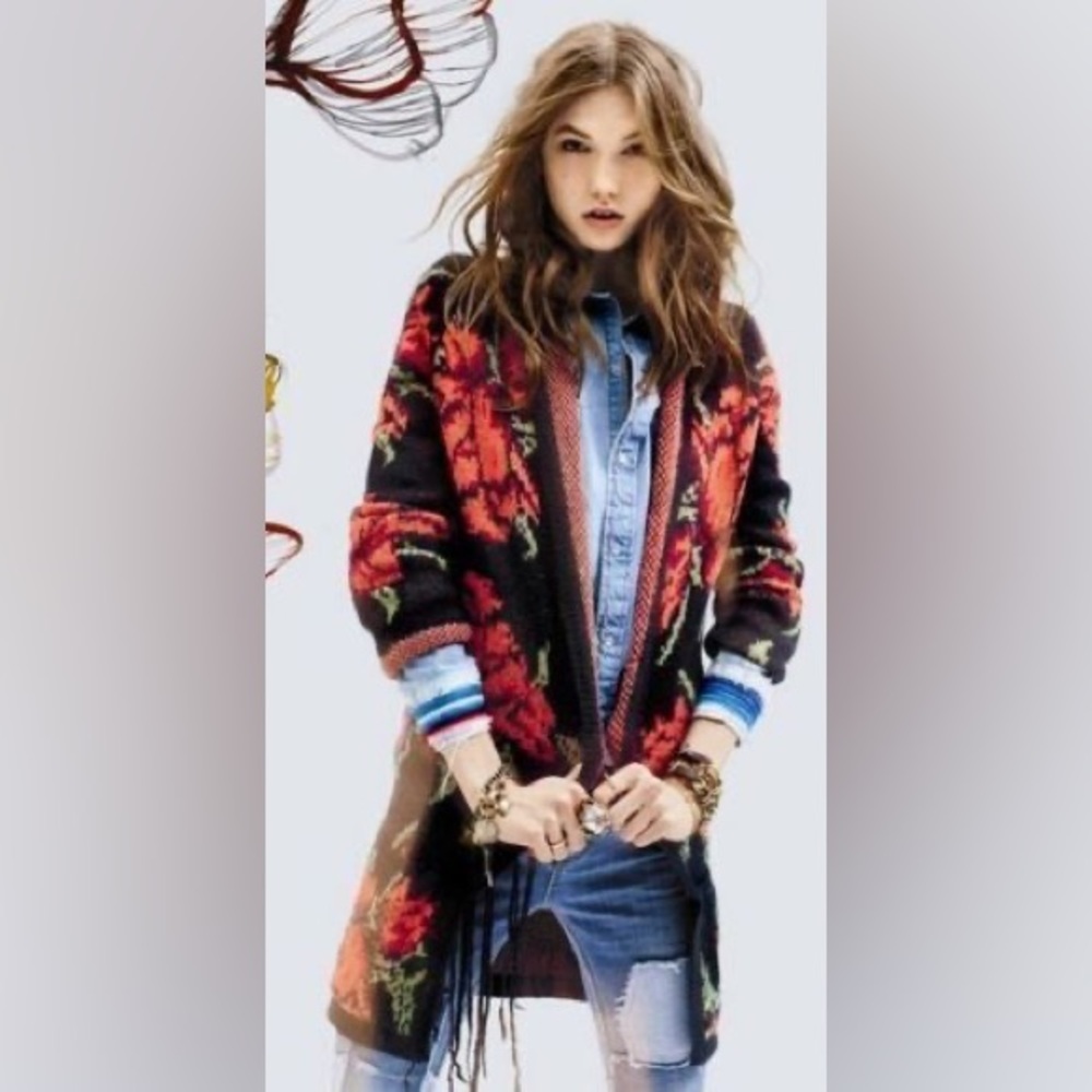 Free People Flower Power Intarsia Knit Cardigan